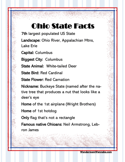 The Ohio Travel Guide and Activity Kit for Kids by Wondermom Shop includes a fact sheet titled "Ohio State Facts" that details Ohio's population rank, geography, capital, symbols, notable items and people associated with the state, along with Cleveland visitor information for those planning a trip.