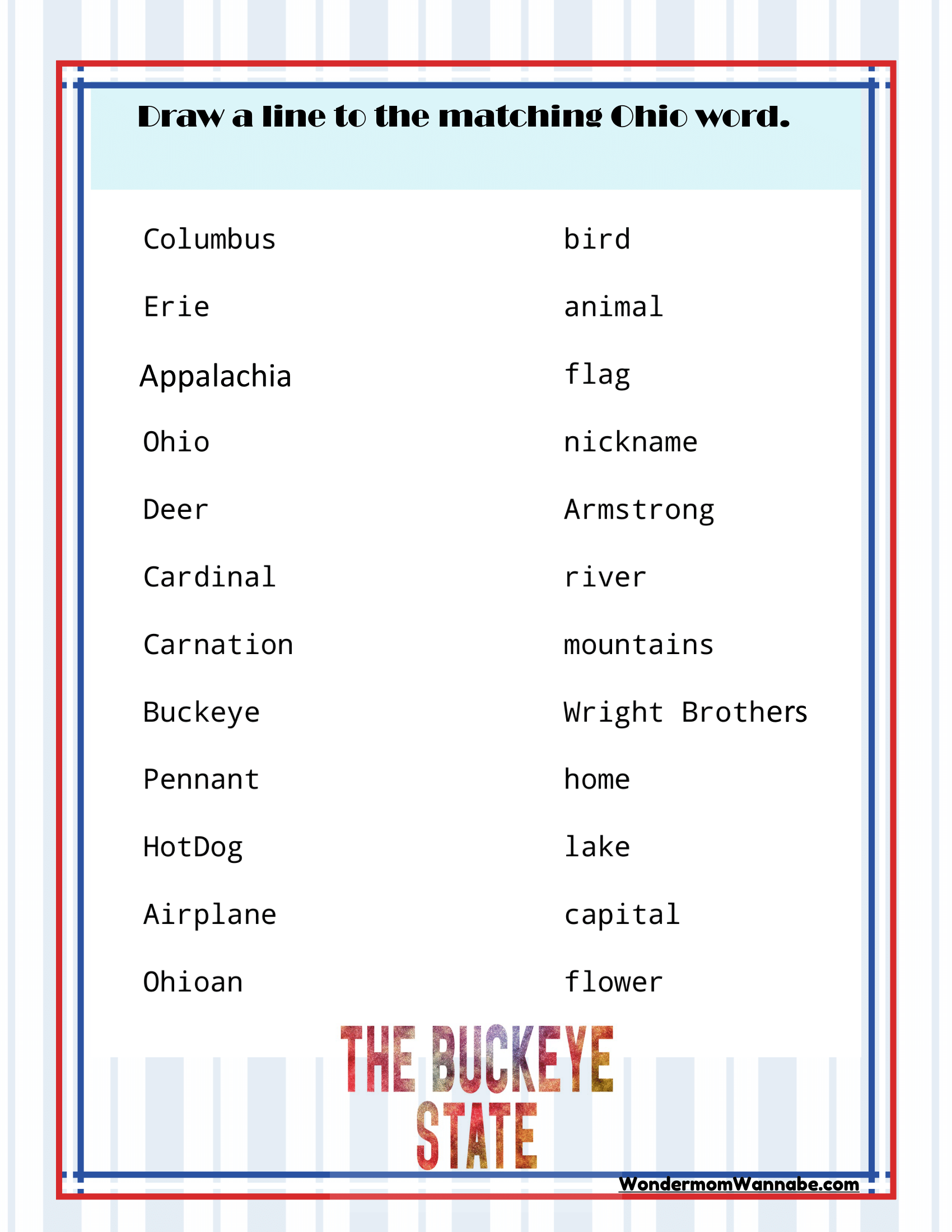 The Ohio Travel Guide and Activity Kit for Kids from Wondermom Shop features a list of words including places and symbols associated with Ohio. One of the activities instructs children to draw lines to match each Ohio-related word with another specific word on the list, making it a fun project for exploring Ohio.