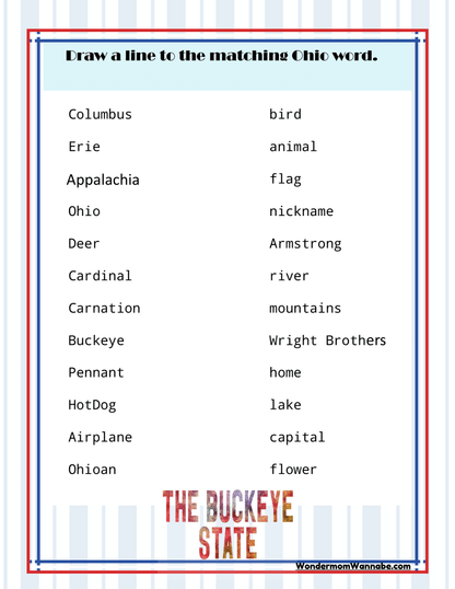 The Ohio Travel Guide and Activity Kit for Kids from Wondermom Shop features a list of words including places and symbols associated with Ohio. One of the activities instructs children to draw lines to match each Ohio-related word with another specific word on the list, making it a fun project for exploring Ohio.
