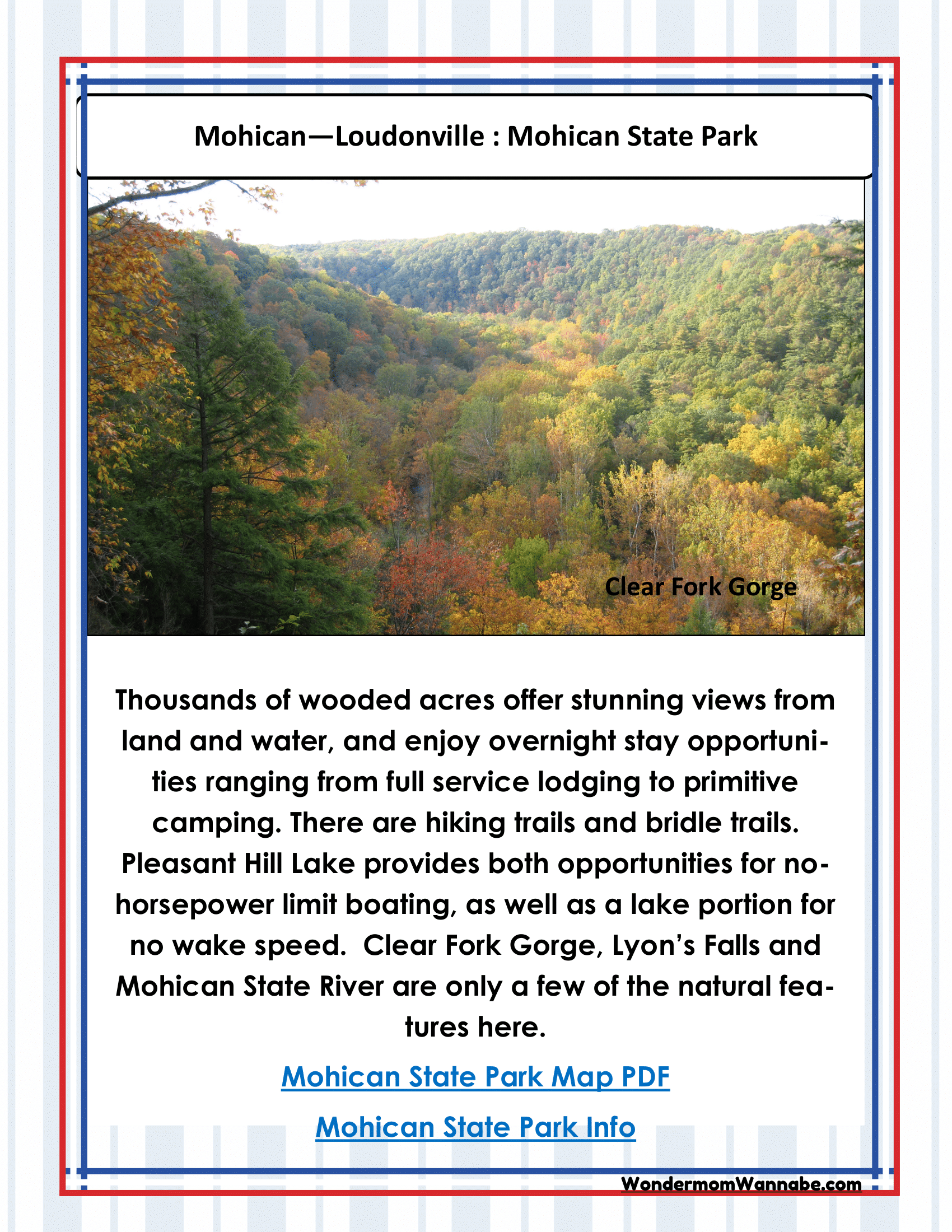 Informational poster featuring the Clear Fork Gorge at Mohican State Park in Loudonville, highlighting various Ohio activities such as hiking, boating, and camping. Discover more with the "Ohio Travel Guide and Activity Kit for Kids" by Wondermom Shop.