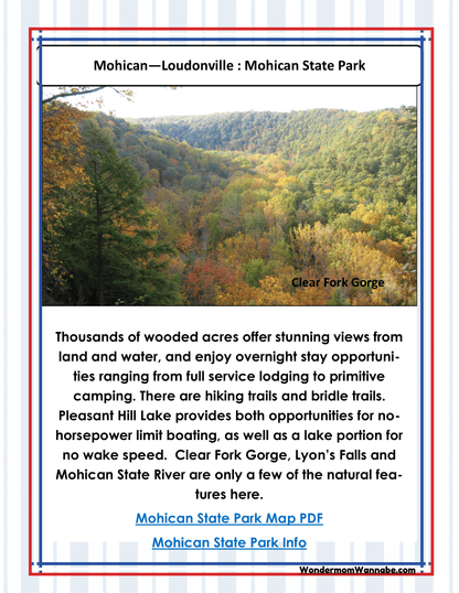 Informational poster featuring the Clear Fork Gorge at Mohican State Park in Loudonville, highlighting various Ohio activities such as hiking, boating, and camping. Discover more with the "Ohio Travel Guide and Activity Kit for Kids" by Wondermom Shop.