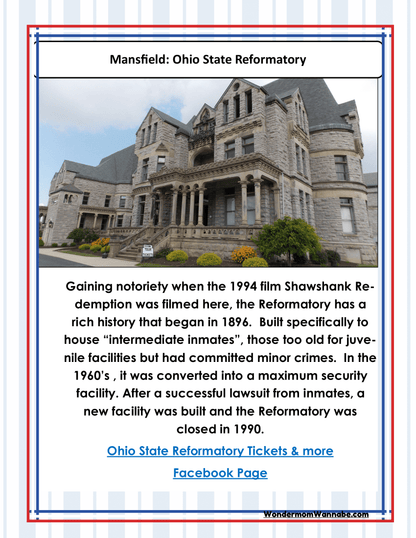 Photograph of Ohio State Reformatory, a historic prison built in 1896. Famous for its role in "The Shawshank Redemption," it closed in 1990 and now offers tours. Ideal for those exploring Cleveland visitor information or engaging in various Ohio activities with the Ohio Travel Guide and Activity Kit for Kids by Wondermom Shop.