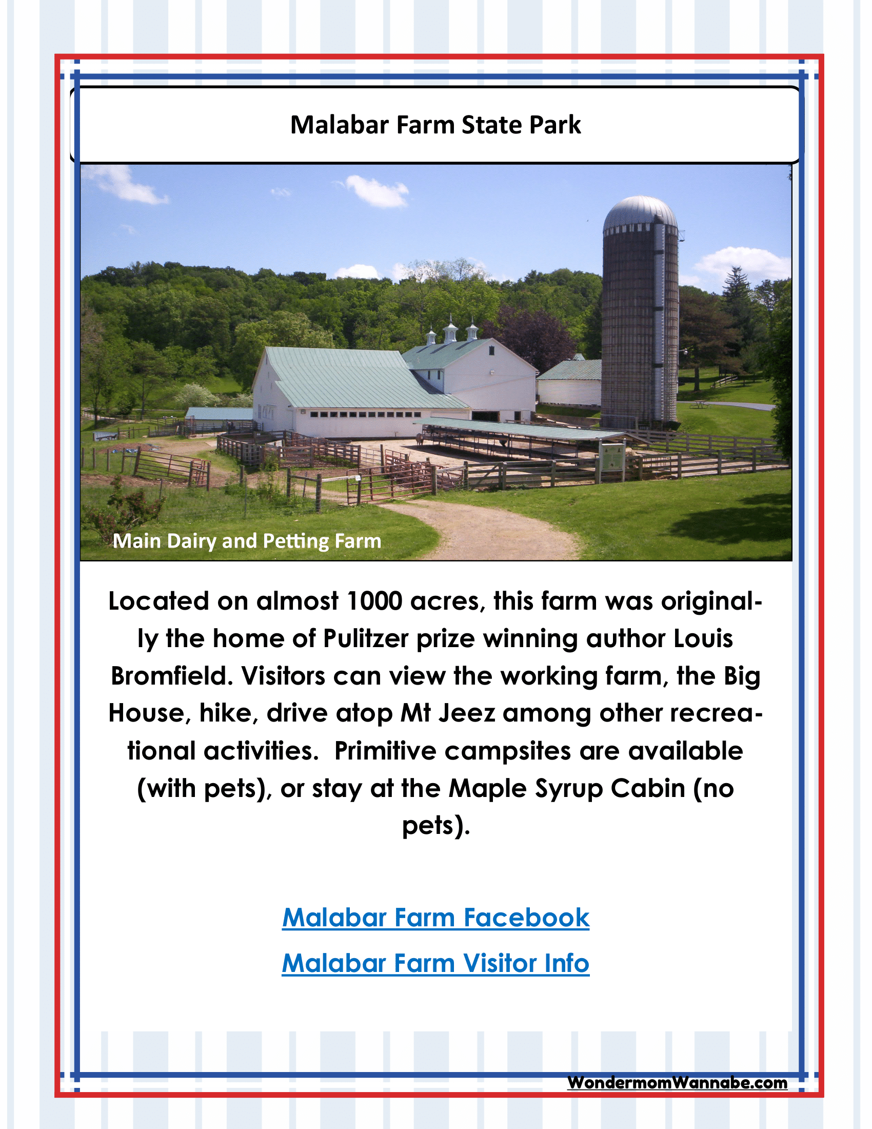 An informational sign for Malabar Farm State Park, brought to you by Wondermom Shop, describes the park's rich history, Ohio activities, exciting visitor experiences, and lodging options. It also highlights their popular product—the Ohio Travel Guide and Activity Kit for Kids—and includes links to their Facebook page and additional visitor information.