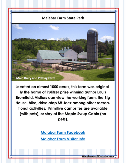 An informational sign for Malabar Farm State Park, brought to you by Wondermom Shop, describes the park's rich history, Ohio activities, exciting visitor experiences, and lodging options. It also highlights their popular product—the Ohio Travel Guide and Activity Kit for Kids—and includes links to their Facebook page and additional visitor information.