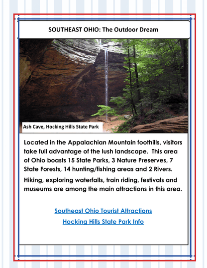 Discover the beauty of Southeast Ohio with the Ohio Travel Guide and Activity Kit for Kids by Wondermom Shop. This informational flyer features Ash Cave in Hocking Hills State Park, complete with its stunning waterfall and surrounding forest. Learn about various outdoor activities in the region, and enjoy fun Ohio state coloring pages designed just for kids!