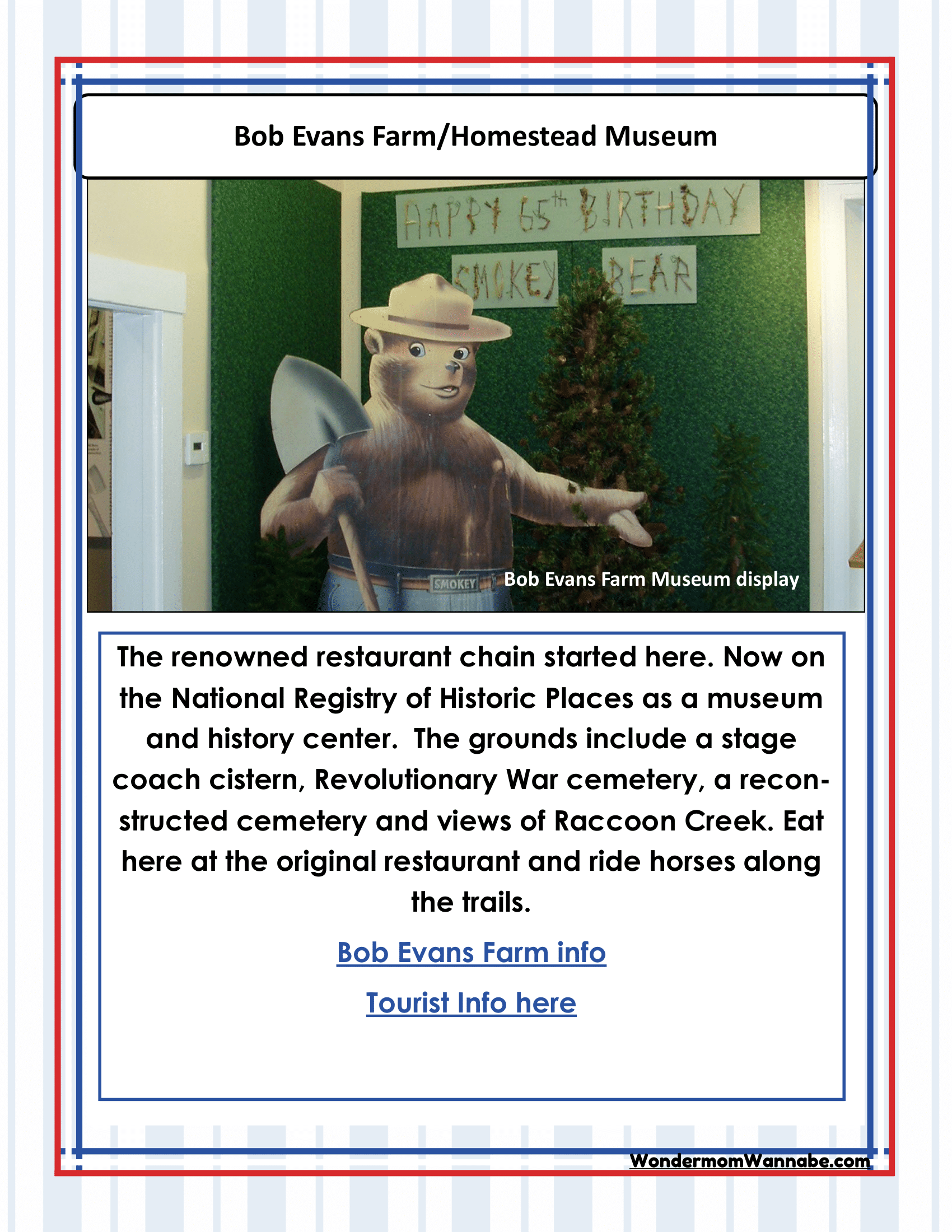 Informational poster about Bob Evans Farm/Homestead Museum, featuring a statue of Bob Evans and text detailing the museum's exhibits, complete with Ohio Travel Guide and Activity Kit for Kids by Wondermom Shop, including Ohio coloring pages and links to further information.