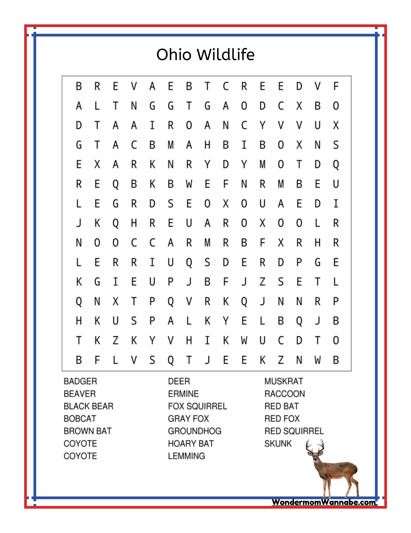 A word search puzzle titled "Ohio Wildlife," perfect for the Ohio Travel Guide and Activity Kit for Kids by Wondermom Shop, features a list of animals including badger, deer, fox, and skunk. The words are hidden in a grid of letters with a deer image at the bottom right corner.