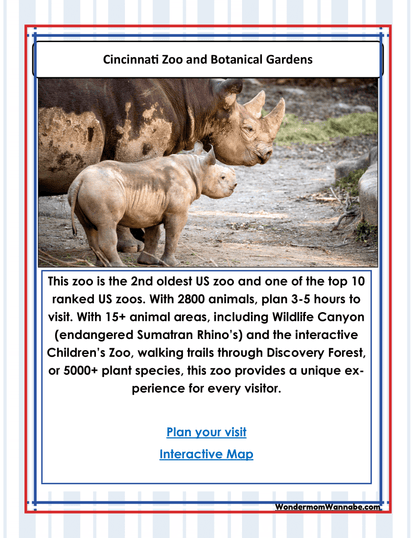 An adult and juvenile rhinoceros stand together. Text explains that the Cincinnati Zoo and Botanical Garden, the second oldest zoo in the United States, houses 2,800 animals, features over 15 animal areas, and offers numerous attractions for visitors. Families planning a visit can enrich their experience with the Ohio Travel Guide and Activity Kit for Kids from Wondermom Shop.