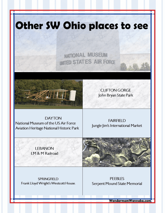 Discover the wonders of Southwest Ohio with our Ohio Travel Guide and Activity Kit for Kids by Wondermom Shop! Featuring must-see attractions such as the National Museum of the US Air Force, Clifton Gorge, Jungle Jim's International Market, LM&M Railroad, Wright's Westcott House, and Serpent Mound. An ideal addition to your Ohio activity kit or Cleveland visitor information!