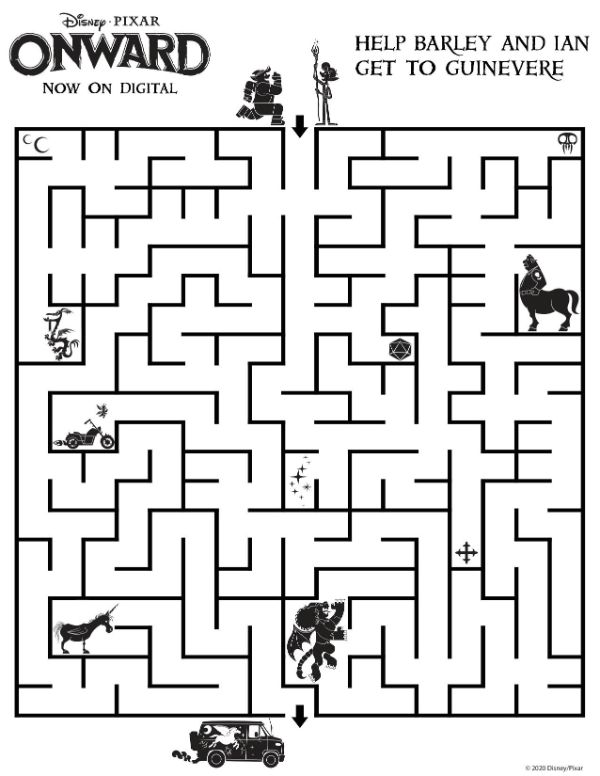 Explore VIP Vault's Onward Coloring and Activity Pages, inspired by Disney Pixar's "Onward." Join Barley and Ian on their maze quest to reach the van, Guinevere. Featuring obstacles and directional arrows, it's perfect for digital or printable fun for coloring enthusiasts.