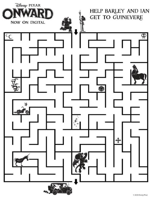 Explore VIP Vault's Onward Coloring and Activity Pages, inspired by Disney Pixar's "Onward." Join Barley and Ian on their maze quest to reach the van, Guinevere. Featuring obstacles and directional arrows, it's perfect for digital or printable fun for coloring enthusiasts.