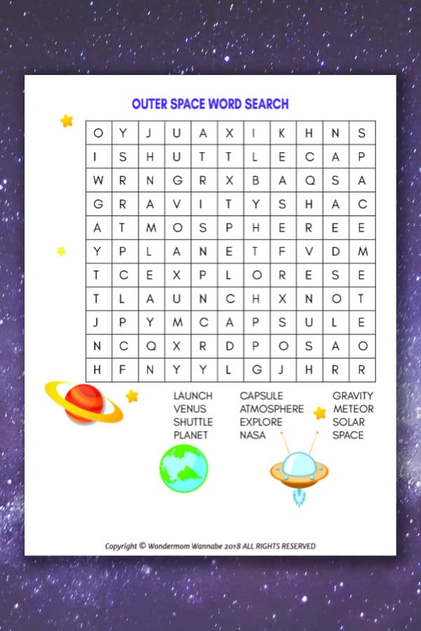 Outer Space Word Search for Kids