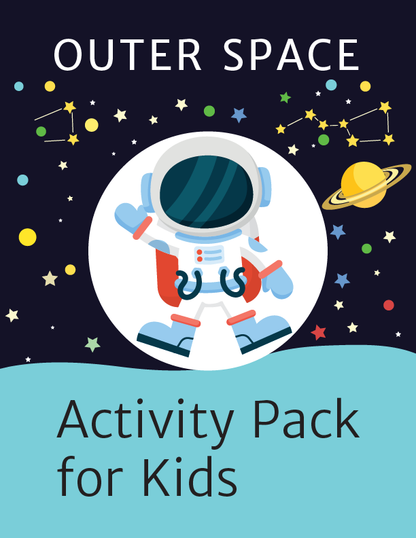 Illustrated cover of Wondermom Shop's "Outer Space Activity Kit for Kids," showcasing an astronaut, planets, stars, and constellations on a dark background.