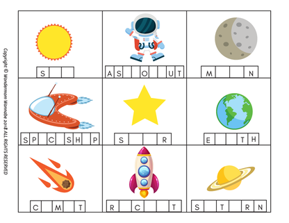 Discover Wondermom Shop's "Outer Space Activity Kit for Kids," featuring a printable grid with nine space-themed images, including words like sun, astronaut, moon, spaceship, star, Earth, comet, rocket, and Saturn—ideal for engaging children's games!.