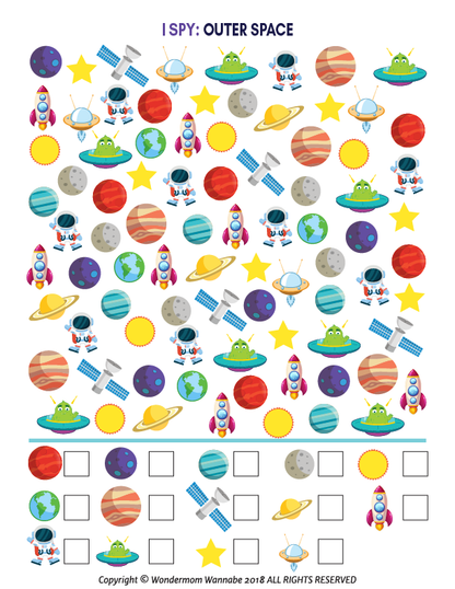 The "Outer Space Activity Kit for Kids" by Wondermom Shop is a colorful "I Spy" game with rockets, planets, aliens, astronauts, and stars. It includes counting boxes for each item type and makes an ideal printable activity kit for hours of fun!.