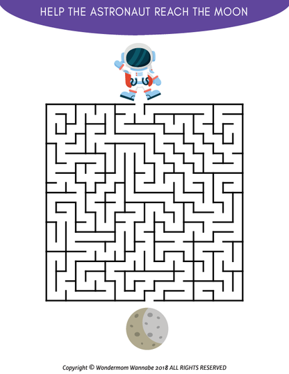 Guide the astronaut through this engaging maze from start to moon! As part of the Kids Games collection, Wondermom Shop's Outer Space Activity Kit for Kids is ideal for young adventurers. Download it now and embark on a cosmic journey.