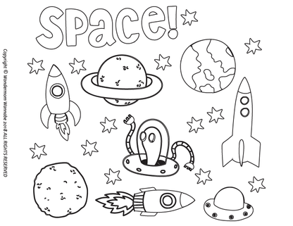A printable illustration with rockets, planets, stars, and an alien is a perfect fit for the Outer Space Activity Kit for Kids by Wondermom Shop. The word "Space!" is prominently displayed at the top.
