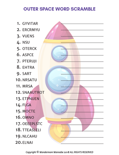 Young explorers will love the fun, printable word scramble from the "Outer Space Activity Kit for Kids" by Wondermom Shop. Featuring a cartoon rocket and 20 space-related scrambled words, this game promises an engaging cosmic adventure!.
