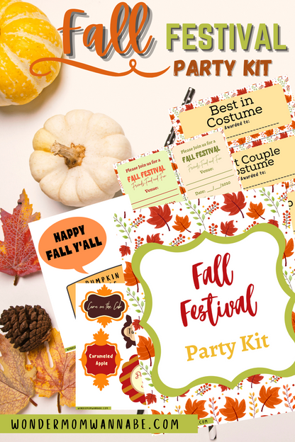 The Fall Festival Party Kit by Wondermom Shop showcases a vibrant display with printable elements such as awards, stickers, and fall-themed accents like pumpkins and leaves. This digital product includes "Best in Costume" awards and a "Happy Fall Y'all" sign to enhance your festive celebrations.