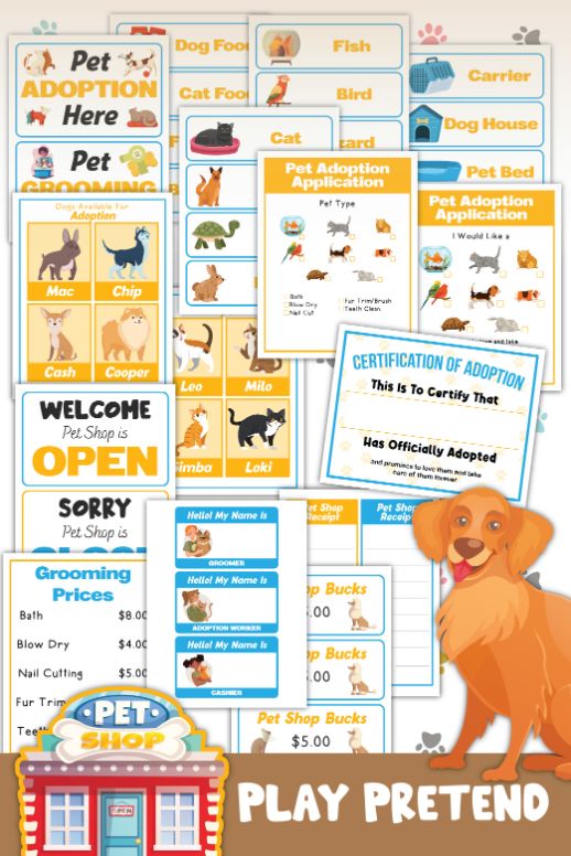 Wondermom Shop's Pet Shop Pretend Play Kit includes printable pet adoption applications, grooming prices, pet name tags, pet shop signs, and pet-themed play money. A cartoon dog appears in the bottom right corner of this digital product.