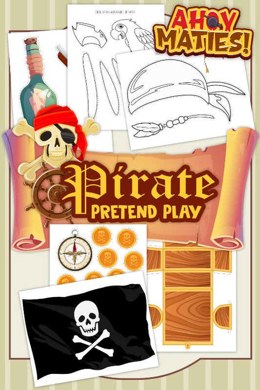 Discover the ultimate digital product for young adventurers: Wondermom Shop's Pirate Pretend Play Kit. This assortment of pirate-themed printables includes a skull and crossbones flag, treasure maps, gold coins, and paper parts for a pirate costume. Perfectly topped with "Ahoy Maties!", this kit is sure to spark endless imaginative play.