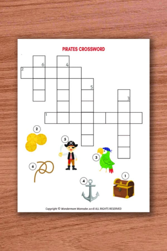 Embark on the Pirates Crossword Puzzle for Kids by VIP Vault, set on a wooden surface with a parrot, treasure chest, anchor, rope, coins, and pirate illustration. Enjoy this printable pirate adventure with numbered clues to discover hidden treasures!.