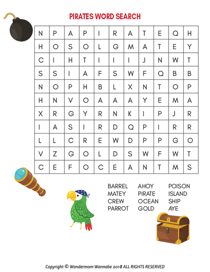 Set sail with the Pirate Activity Kit for Kids by Wondermom Shop! This printable kit features a pirate-themed word search with fun illustrations like a bomb, telescope, parrot, and treasure chest—perfect for young adventurers.