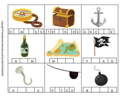 Explore the Wondermom Shop’s Pirate Activity Kit for Kids, featuring a printable pirate-themed word puzzle with fun images like a compass, chest, map, and hook. Ideal for adventurous learning and entertaining kids’ activities!.
