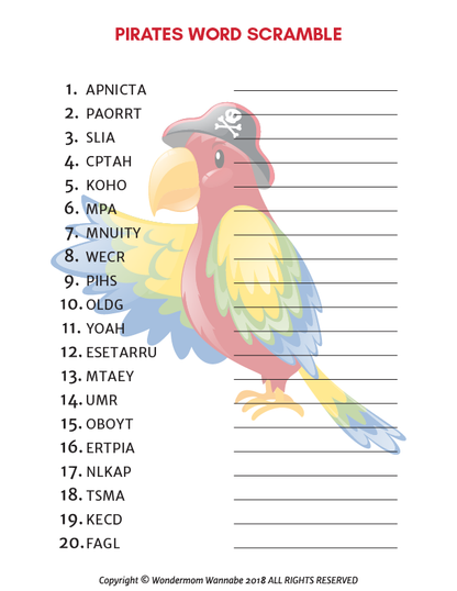 The Pirate Activity Kit for Kids by Wondermom Shop features a pirate-themed word scramble worksheet with 20 scrambled words, blank answer lines, and a colorful parrot in a pirate hat—perfect for fun kids’ activities!.