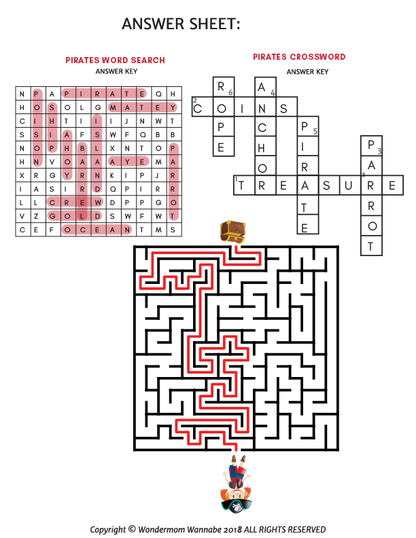 The Pirate Activity Kit for Kids by Wondermom Shop includes a printable answer sheet with completed pirates word search, crossword, and maze. Answers are filled in, with a small pirate graphic—great for fun kids activities.