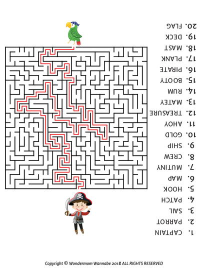 The Pirate Activity Kit for Kids by Wondermom Shop includes a fun, printable pirate maze puzzle with a pirate at the start, parrot at the finish, red solution path, and numbered pirate-themed words—perfect for kids’ activities!.