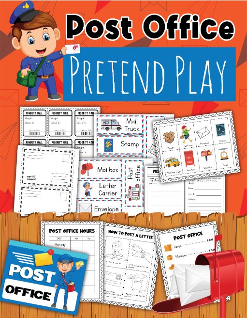 The Post Office Pretend Play Kit by Wondermom Shop features illustrations of a mail carrier, stamps, and various mail-related printables such as letter templates, a mailbox, and post office signage. This engaging digital product is easy to print and perfect for enhancing a child's imaginative play.