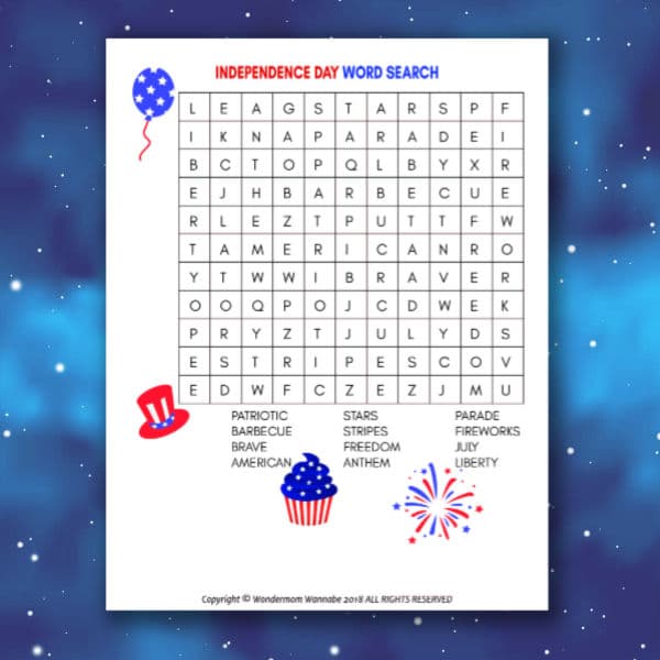 Explore VIP Vault's "4th of July Word Search for Kids" with festive images of a balloon, hat, cupcake, and fireworks on a starry backdrop. Discover words like patriotic, freedom, and July in this perfect holiday activity.