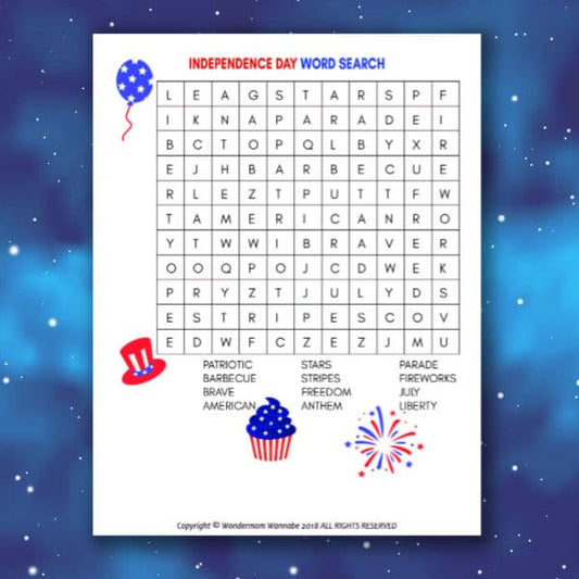 Explore VIP Vault's "4th of July Word Search for Kids" with festive images of a balloon, hat, cupcake, and fireworks on a starry backdrop. Discover words like patriotic, freedom, and July in this perfect holiday activity.