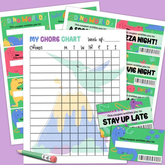 The VIP Vault Printable Dinosaur Chore Chart With Reward Coupons offers fun rewards like pizza night and staying up late, all on a purple background with a pencil—ideal for motivating kids in an engaging way.