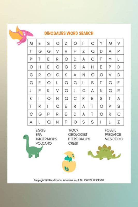 Discover "Dinosaur Word Search for Kids" by VIP Vault, a printable puzzle with words like "geologist," "pterodactyl," and "fossil." Adorned with dinosaur and egg illustrations, it's perfect for young paleontology fans.