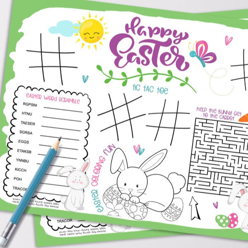 A colorful VIP Vault Easter Placemat For Kids with puzzles, a word scramble, tic-tac-toe, and a maze, along with a blue pen on the side.