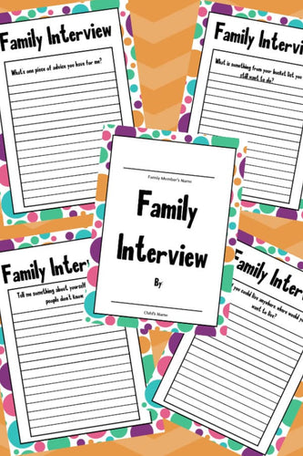 A set of VIP Vault Family Interview Pack cards with colorful polka dots.