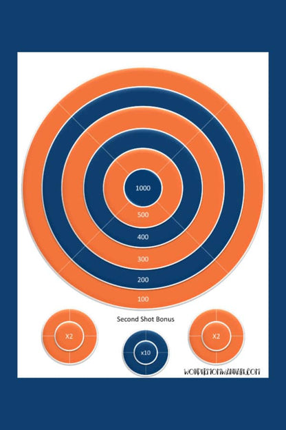 Featuring concentric circles in orange and blue with point values ranging from 100 to 1000, the Nerf Targets Family Activity by VIP Vault is ideal for printable Nerf competitions. It also includes two bonus "X2" circles and one "X10" circle to enhance the excitement of your games.