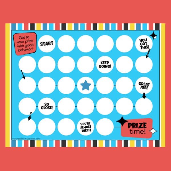 The Printable Reward Chart for Kids by VIP Vault is a digital tool designed as a blue behavior guide with a start and finish line. Its colorful striped border features motivational phrases like "Keep going!" and "You're almost there!" making it perfect for motivating children.