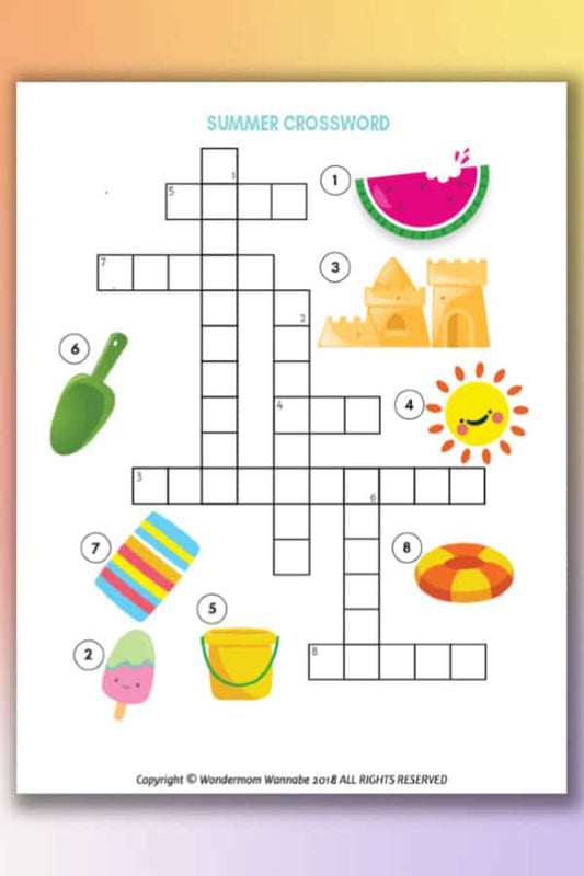Check out the VIP Vault's Summer Crossword Puzzle for Kids, a lively printable activity featuring vibrant images such as watermelon, sandcastles, a spade, a smiling sun, a life preserver, a bucket, a popsicle, and a beach towel. This digital product is perfect for sunny day fun!