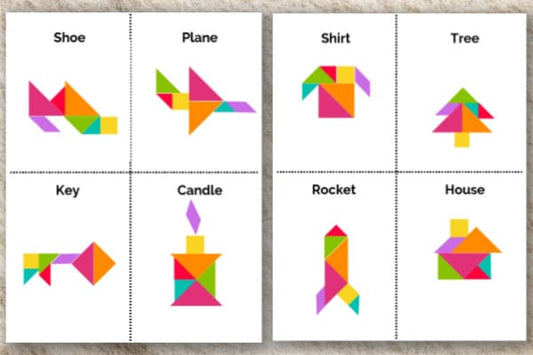 Tangram designs depicting shapes labeled Shoe, Plane, Shirt, Tree, Key, Candle, Rocket, and House. Each design uses colorful geometric pieces arranged accordingly. This engaging kids printable activity set is a perfect digital product for creative play and learning. Presenting "Tangram Objects Fun Activities For Kids" by VIP Vault!
