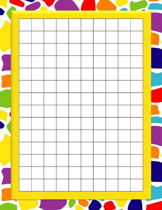 A digital product featuring a grid of 10 rows and 7 columns framed by a yellow border, set against a background of colorful, irregular shapes; it's like having VIP Vault's Tetris Board Game.