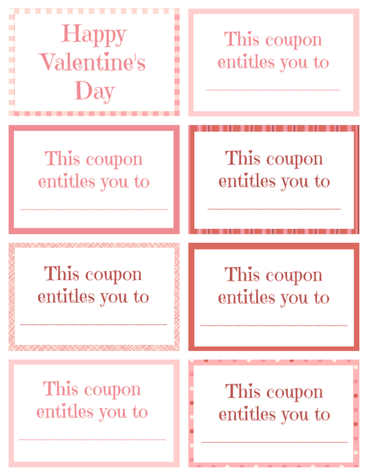 The Valentine Coupon Book for Kids (Blank) by VIP Vault features mostly blank coupons with "This coupon entitles you to" and a "Happy Valentine's Day" sheet in playful pink patterns, ideal for kids' activities and creative gifts.