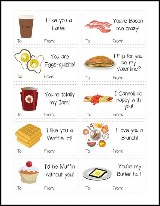 VIP Vault's Printable Punny Valentines include food-themed cards with playful messages such as "I like you a Latte!" and "You're Bacon me crazy!" Each card is a free printable valentine, featuring "To" and "From" fields.