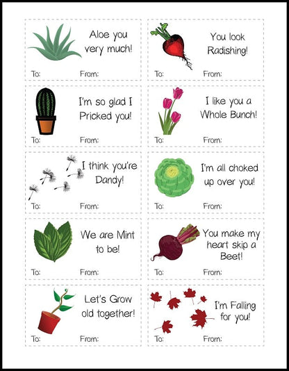 Introducing VIP Vault's Printable Punny Valentines, with plant-themed images and phrases like "Aloe you very much!" and "You look Radishing!", each card includes fields for "To" and "From." Ideal free printables for a touch of fun!.