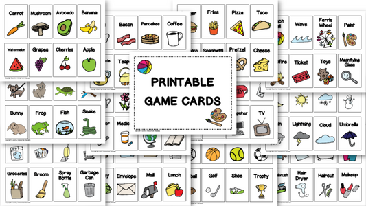 A collection of Wondermom Wannabe Printable Game Cards for Headband Game, Memory, or 20 Questions.