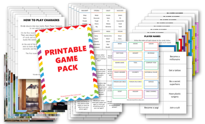 A collection of printable party games, including charades instructions, word lists, and various game cards arranged in overlapping stacks. The cover page reads "Printable Game Pack," making this digital product from Wondermom Shop perfect for instant fun.