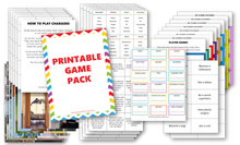 Load image into Gallery viewer, A collection of printable party games, including charades instructions, word lists, and various game cards arranged in overlapping stacks. The cover page reads &quot;Printable Game Pack,&quot; making this digital product from Wondermom Shop perfect for instant fun.
