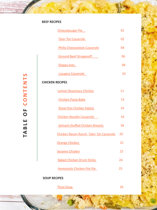 A recipe for chicken casserole from Wondermom Wannabe's Family's Favorite Quick & Easy Dinner Recipes Digital Cookbook on a white plate.